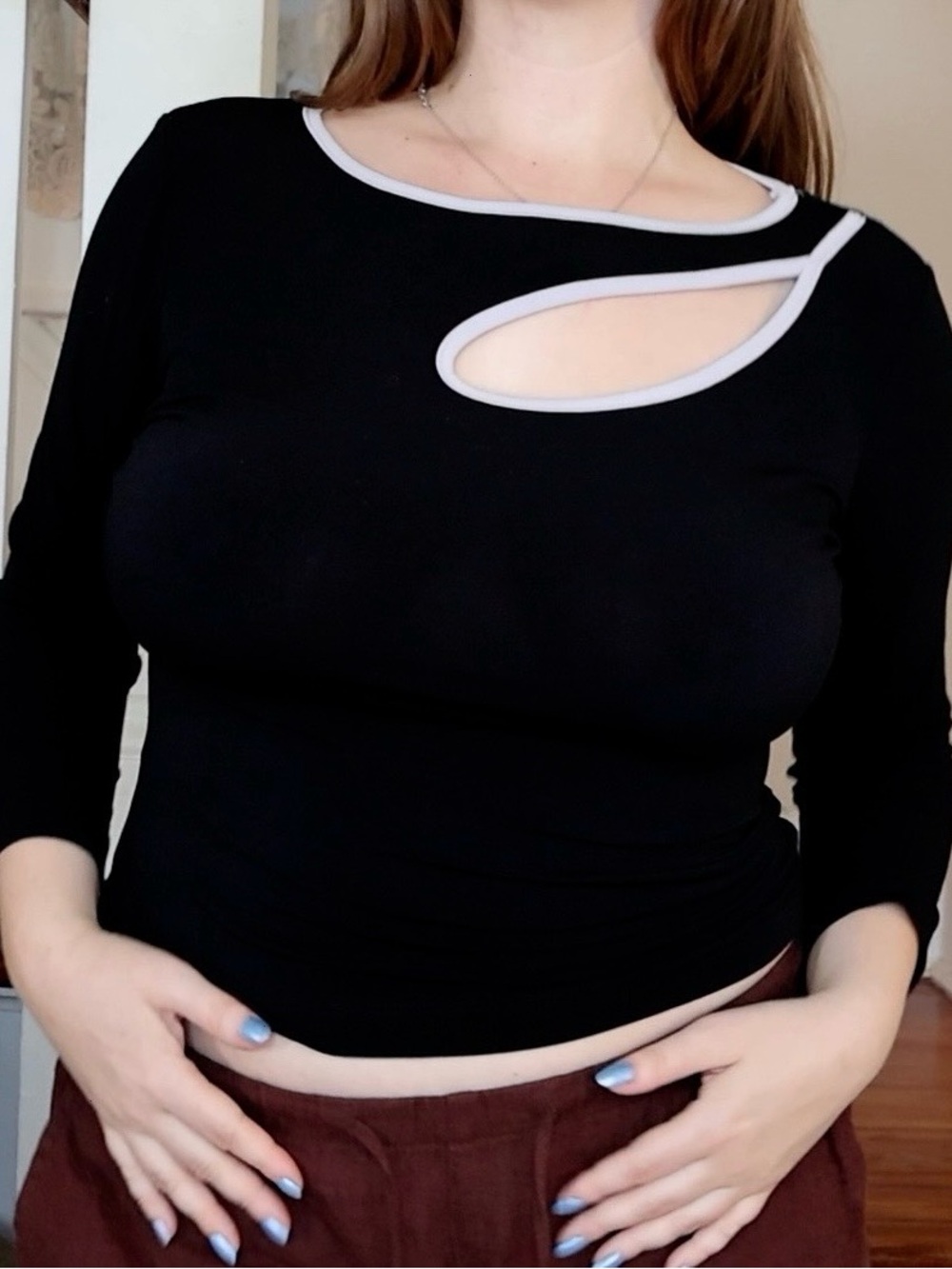 Women’s Black Cutout Long-Sleeve Top with Contrast Trim